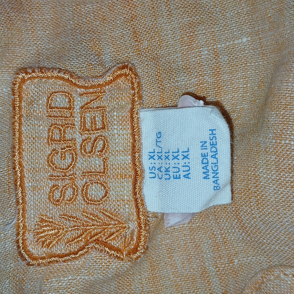 Sigrid Olsen Apricot Button Down Top 100%Linen Tab Sleeves Size XL VNeck - Picture 4 of 5
